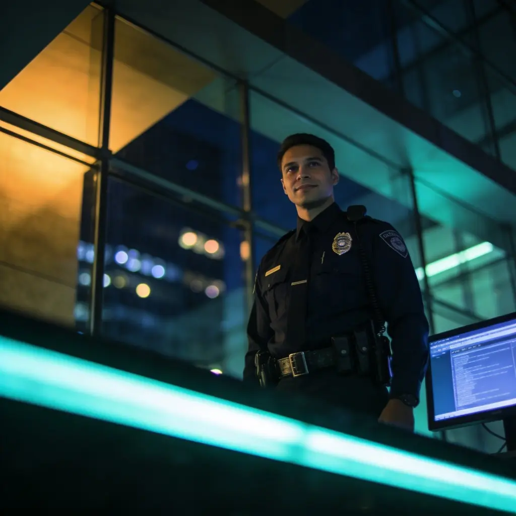 XpressGuards officer at a monitored command post at night